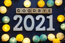 Goodbye 2021 Alphabet Letter With Cotton Ball LED Decoration On Blue Background