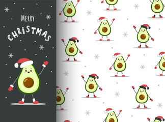 Wall Mural - Christmas card and pattern with cute avocado in santa hat. Season greetings. Vector illustration in cartoon style. Holiday design for wrapping paper, textiles, fabric.