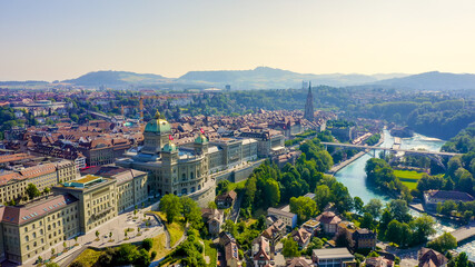 Wall Mural - Bern, Switzerland. Federal Palace - Bundeshaus, Historic city center, general view, Aerial View