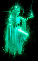 Wall Mural - A ghost girl in a torn dress, glows with a mystical green light, in places her bones shine through, she holds a dagger with one hand and looks at a butterfly on the other. 2D illustration.