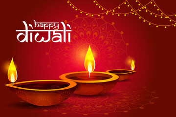 Sticker - Happy Diwali decorated diya lamp on light festival of India greeting background in vector