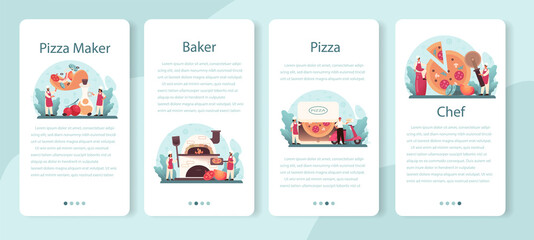 Wall Mural - pizzeria mobile application banner set. chef cooking tasty delicious