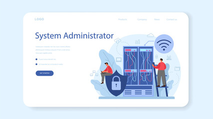 Poster - system administrator web banner or landing page. people working