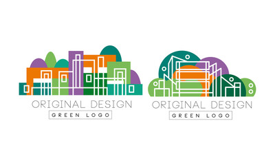 Wall Mural - Linear City Building with Green Park Zone as Logo Design Vector Set