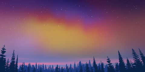 Wall Mural - fantasy on the theme of the northern landscape. dusk and polar lights. forest and sunset light. vect
