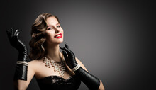 Happy Smiling Retro Beautiful Woman Portrait, Pearl Necklace And Leather Gloves, Vintage Corset Dress, Red Lips, Glamour Wavy Hairstyle