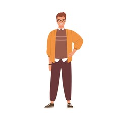 Poster - Young trendy dressed man in glasses isolated on white background. Male character in modern office outfit. Happy IT specialist portrait. Vector illustration in flat cartoon style