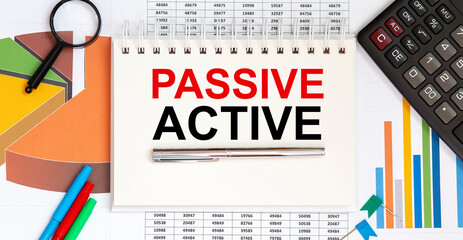 Poster - Notebook with Tools and Notes with text PASSIVE ACTIVE with chart