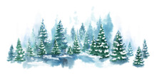Watercolor Blue Winter Landscape Of Foggy Forest Hill. Wild Nature, Frozen, Misty, Taiga. Vector Horizontal Watercolor Background. Evergreen Coniferous Trees.