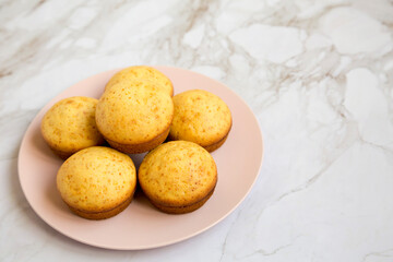 Wall Mural - Homemade Cornbread Muffins on a pink plate, side view. Copy space.