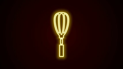 Wall Mural - Glowing neon line Kitchen whisk icon isolated on black background. Cooking utensil, egg beater. Cutlery sign. Food mix symbol. 4K Video motion graphic animation