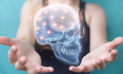Aufkleber - Woman using digital x-ray skull holographic scan projection 3D rendering
