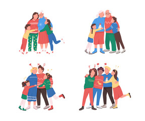Poster - Family on winter holidays flat color vector faceless character set. Father, mother with kids. Celebrate Christmas together isolated cartoon illustration for web graphic design and animation collection
