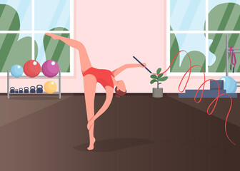 Poster - Gymnast in studio flat color vector illustration. Acrobat rehearsing dance. Gymnastics exercise. Active lifestyle. Training sportswoman 2D cartoon characters with gym room on background