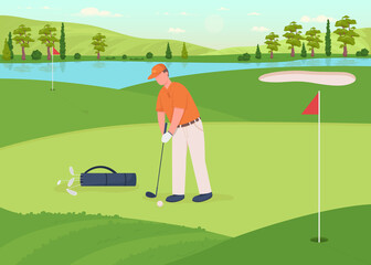 Poster - Golf game flat color vector illustration. Professional player with driver club. Man hit ball. Tournament game. Active lifestyle. Male golfer 2D cartoon character with filed landscape on background