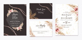 Fototapeta Boho - Floral wedding invitation template set with brown and peach roses flowers and leaves decoration. Botanic card design concept