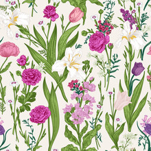 Floral Seamless Pattern  Pink Garden Flowers.