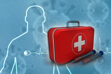 Wall Mural - 3D illustration blood in Syringe with first aid box