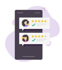 Poster - Testimonials feedback response or customer reviews reputation online on mobile phone smartphone vector flat design isolated, happy clients evaluate or assessment comments with five stars good rating