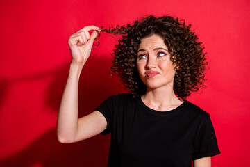 Sticker - Close-up portrait of pretty disappointed wavy-haired girl touching unhealthy hair damage loss isolated over bright red color background