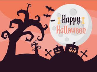 Wall Mural - happy halloween lettering card with pumpkins in cemetery at night scene