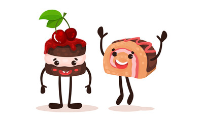 Poster - Cute Kawaii Chocolate Cake with Berry and Roulade with Face and Arms Vector Set