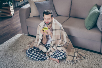 Poster - Portrait of his he nice attractive dreamy cheery brunet guy sitting on carpet watching tv drinking cacao homey cosy atmosphere at modern loft industrial interior flat living-room