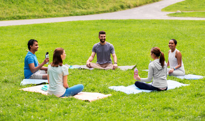 Sticker - fitness, sport and healthy lifestyle concept - group of happy people sitting on yoga mats at park