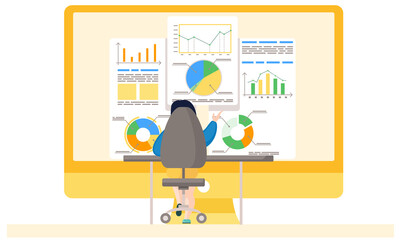 Fototapete - Businessman sitting with his back to the viewer and analyzing financial statistics. The marketer studies information about the metrics on the background. Business data analysis. Office work