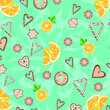 Light blue pattern background illustration with oranges and holiday candies
