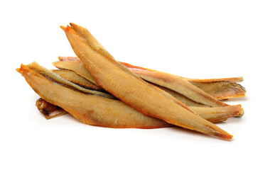 Poster - Dried salted fishes on white background