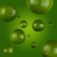 Wall Mural - Many limes free falling on gradient green background. Selective focus - shallow depth of field.