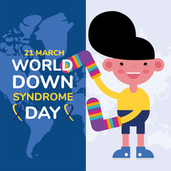 Wall Mural - world down sindrome day campaign poster with little boy and socks in earth maps