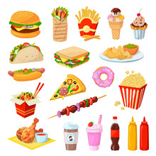 Fast food vector illustration set. Cartoon flat unhealthy streetfood cafe menu collection for junk food party with ice cream burger popcorn hotdog sandwich pizza donut french fries isolated on white