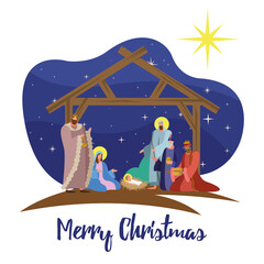 Sticker - happy merry christmas lettering with holy family in stable