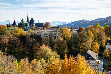 Bern Switzerland - 10.25.2020 View over Bern and the Bern History Museum and Aare river in the Autumn with the Alps in the background