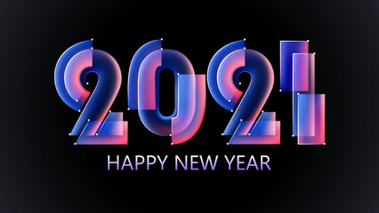 Poster - New Year 2021. Template for Christmas cards, web banners, flyers and holiday invitations. Bright colorful transparent multi-layered vector numbers. 3D effect. New Year symbol. Red-violet shades.