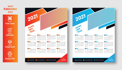 Wall Calendar Template for 2021 year in clean minimal table simple style, Week Starts on Sunday, Set of 12 Months.