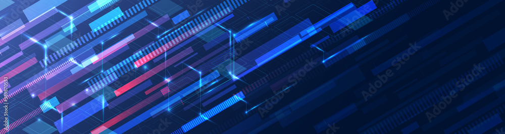 Hi-tech computer concept. Futuristic illustration of colorful light rays.  Technology stripe glowing lines. Digital communication. Speed and motion blur over dark  background. Web banner - obrazy, fototapety, plakaty 