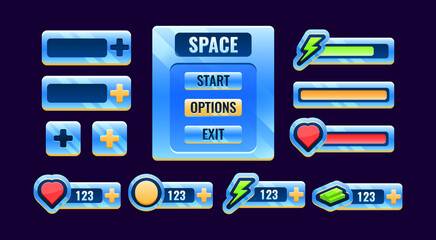 Wall Mural - set of gui space bar, board menu, panel icon for game ui asset elements vector illustration