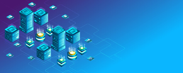 Poster - Modern Cyber security for business and internet project. Data security services. Creative Web hosting banner. Technology concept for data center with server or hosting. Data protection privacy.