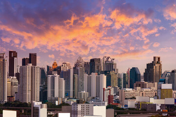 Bangkok, Thailand - September 25,  2020 : cityscape of Bangkok city skyline with sunset sky background, Bangkok city is modern metropolis of Thailand and favorite of tourists