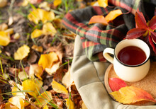 Autumn Mood, Thinking, Relaxation At A Picnic In The Park Concept. Beautiful Mug With Warm Tea Against A Background Of Fallen Colored Leaves Stands On A Cork Tray On A Quilt. Warm Colors. Horizontal