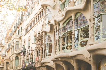 Bercelona, Spain november 2 2020 - Barcellona Spain city view with urban architecture of the most famous old building facades in Paseo de Gracia in Gaudi district with close up of art deco details