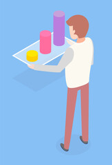 Poster - man holding a board with diagram in hand consisting of vertical color cylinders back view vector ill