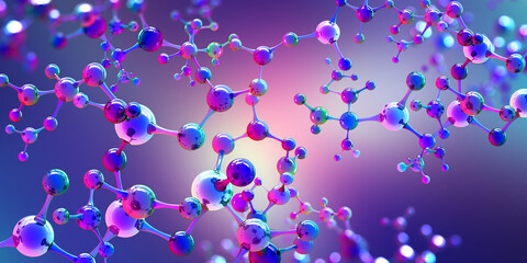 Leinwandbilder - Complex molecule 3D illustration. Abstract Crystal cell, cellular structure. Transparent purple elements with glossy effect. Fresh, clean, technological, neon background