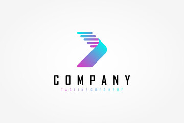 Poster - right arrow logo. light blue and purple gradient geometric arrow shape with striped lines origami st