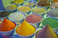 Colorful Species Market In A Bazaar In A Nubian Village Along The Nile River And Near The City Aswan. Egypt