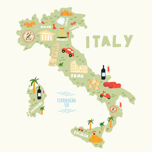 Cartoon Map Of Italy. Illustration Of A Map Of Italy. Map Of Italy In Hand Drawn Colorful Style .illustrated Map Of Italy Vector Illustration Eps 10	