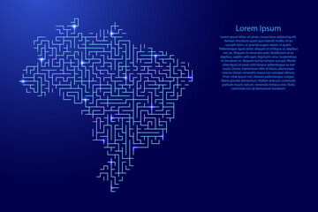 Wall Mural - Brazil map from blue pattern of the maze grid and glowing space stars grid. Vector illustration.